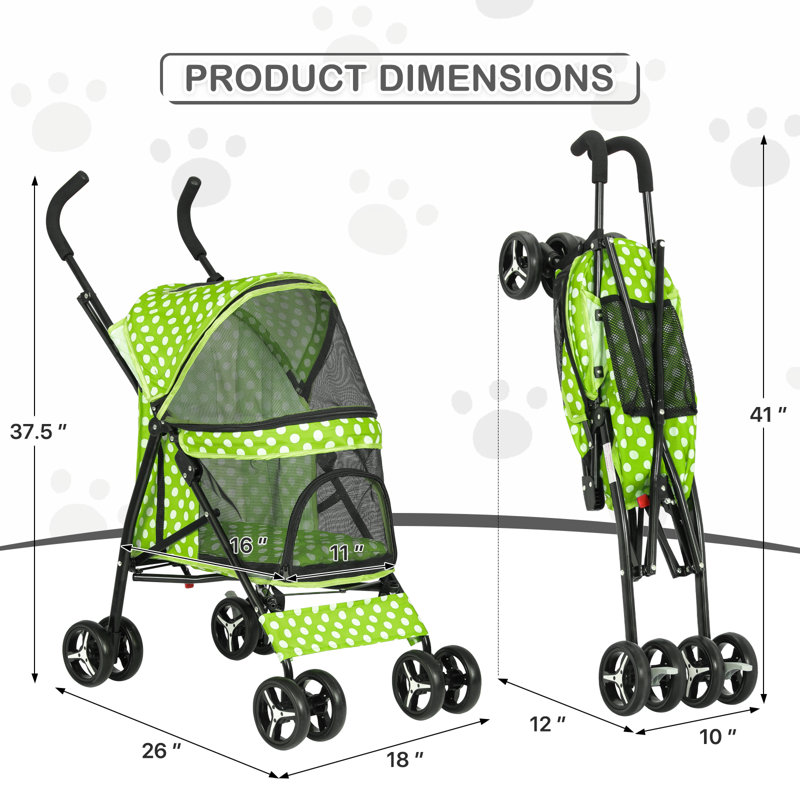 Lawn Green Polka Dot Foldable Pet Stroller with Mesh Windows