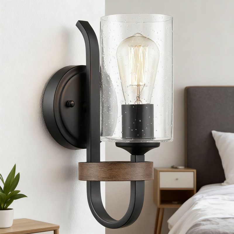Applique murale industrielle de style campagnard avec abat-jour cylindrique en verre ensemencé et grain de bois, douille E26 pour salle de bain, couloir, chambre à coucher