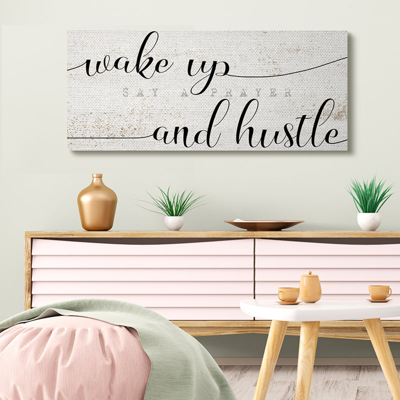 «Wake Up Say Prayer Hustle», peinture patinée, H 20 po x l 48 po x P 1,5 po, Toile tendue