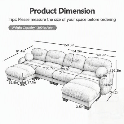 Canapé d'angle modulaire 3 places en tissu chenille confortable au design plissé, avec mousse ergonomique haute densité, 2 poufs et coussins ronds.
