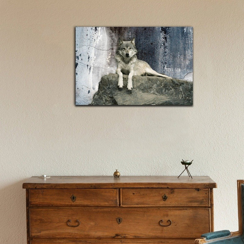 Animals " A Wolf Laying On A Boulder ", Wrapped Canvas, 24" H x 36" W