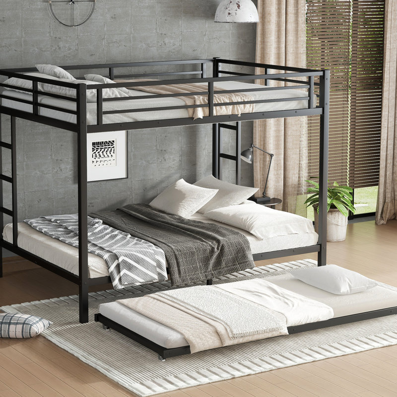 Queen Over Black Metal Bunk Bed With Trundle - Strong Support, Quiet Sleep, Space Utilization Storage Heavy Duty Build, Noise , Safe Guardrails