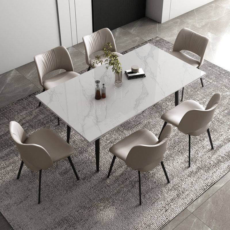 9-Piece Modern Extendable Dining Room Set, 94.5" White Marble Look Table with 8 Grey Upholstered Chairs, Tapered Metal Legs