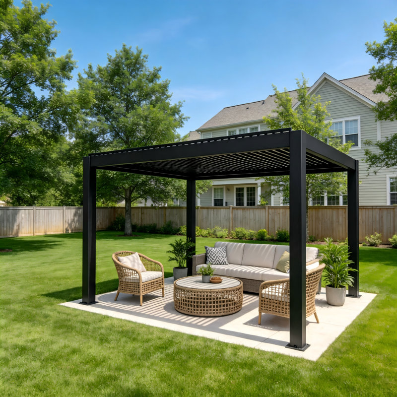 Couvercle de pergola motorisé à distance avec lumière à DEL et abat-jour à lattes réglables, idéal pour les patios résidentiels et les jardins