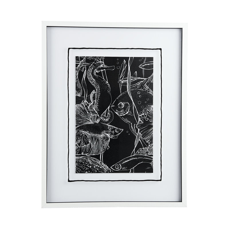 Poisson blanc imprimé à la main encadré texturé mat sous verre, Fish Black