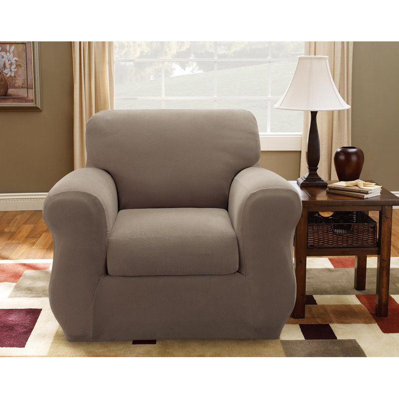 Taupe Stretch Pique Armchair Slipcover with Waffle-Knit Texture