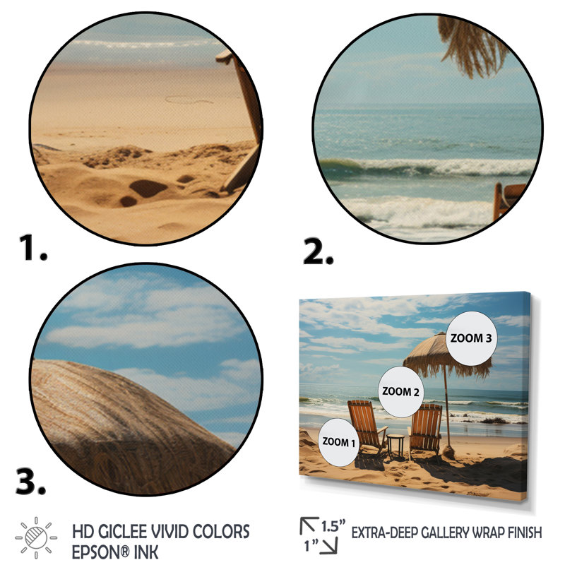 " Beach Chairs Photo I ", White Floater Framed, 12" H x 20" W x 1" D