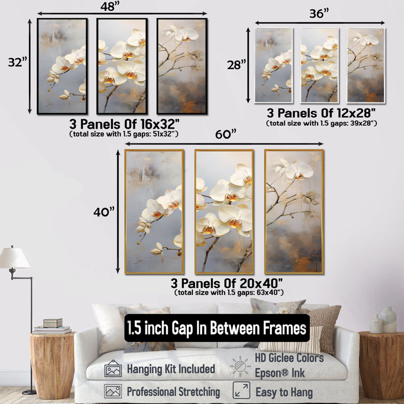 Minimalisme, ensemble d'orchidées sur toile beige et or III, Cadre flottant doré, H 32 po x l 48 po x P 1 po