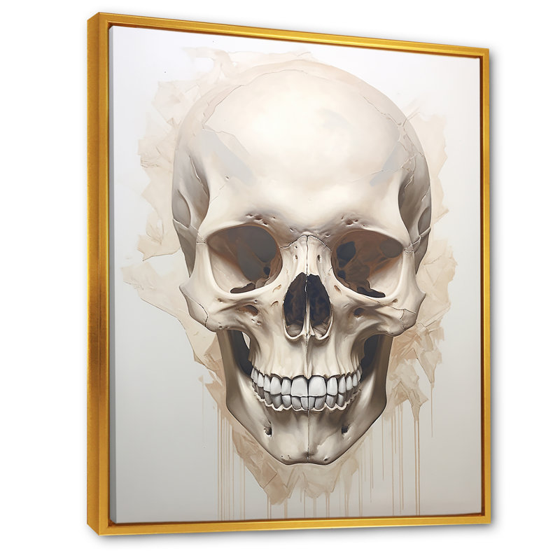 «Skeletal Elegance I», impressions sur toile de crâne, Cadre flottant doré, H 44 po x l 34 po