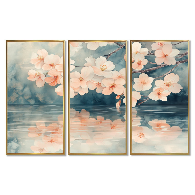 «Cherry Blossom Reflection I - Ivory Floral», art mural 3 pièces, H 32 po x l 48 po, Cadre flottant doré