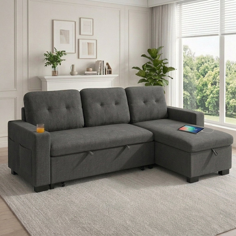 82" Sleeper Sectional Sofa with Pull-Out Bed, Convertible L-Shaped Couch with Reversible Storage Chaise, USB Ports, Cup Holders & Side Table for Living Room, Small Space, Apartment