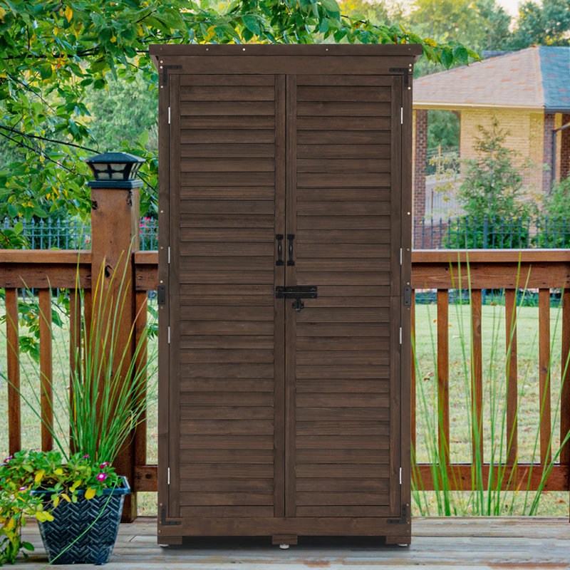 Brown Fir Wood Outdoor Storage Cabinet with Shelving