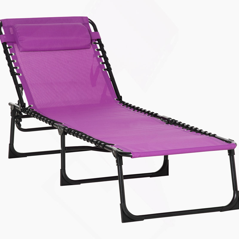 Folding Chaise Lounge Pool Chair For Outdoor Relaxation With Reclining Back, Pillow, Breathable Mesh And Bungee Seat