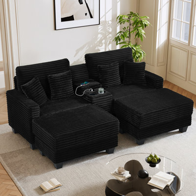 Upholstered Chaise Lounge Chairs Corduroy Double-Size Sofa With Console & USB Ports & 2 Cup Holders by Mercer41