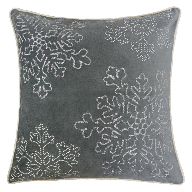 Coussin décoratif en velours gris avec broderie et insert en flocon de neige argenté, Gris/argent
