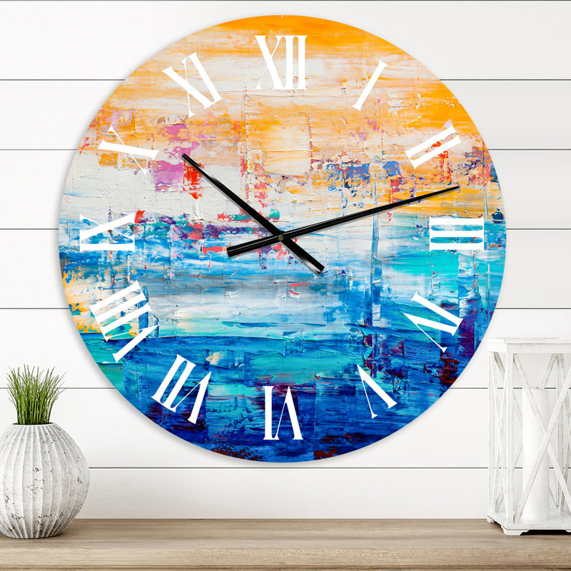 Orange et bleu abstrait - horloge murale moderne, Surdimensionné