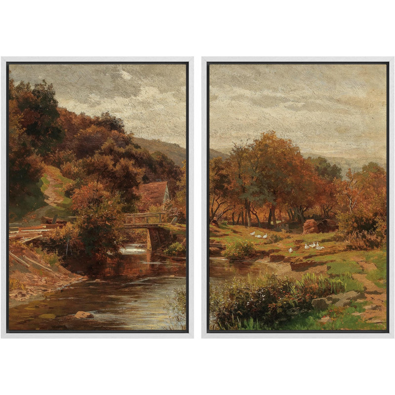 «Rustic Countryside & River Bridge Prints Pastoral Landscape Nature Wilderness Illustration Decor», 2 pièces, Cadre blanc