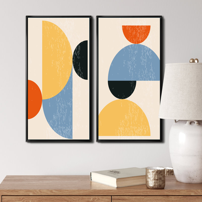 Minimal 20S Bauhaus Geometric III - ensemble de 2 peintures, H 20 po x l 24 po x P 1 po, Cadre noir