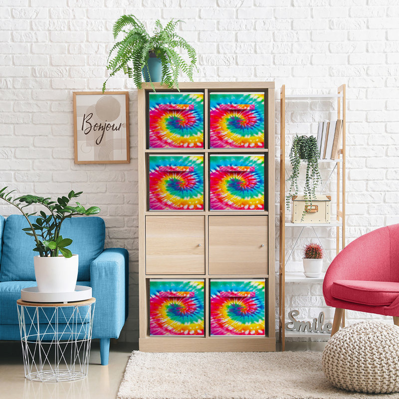 11" Foldable Storage Cubes with Handles in Rainbow Sparkle Tie Dye - 6 Pack, Swirl Dark, Swirl Dark