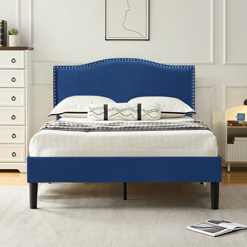 Structure de lit tapissier Auxter, Double, Bleu foncé