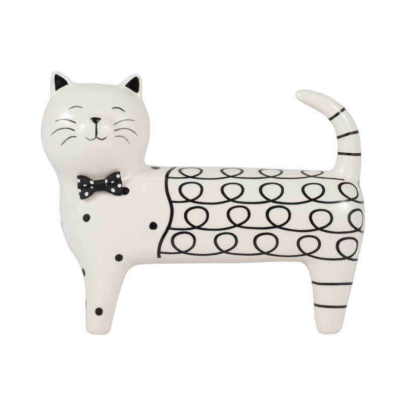 Modern Ceramic and Suar Wood Cat Figurines Handcrafted Stoneware Decorative Sculptures Set of 2, 7" H x 8" W x 3" D