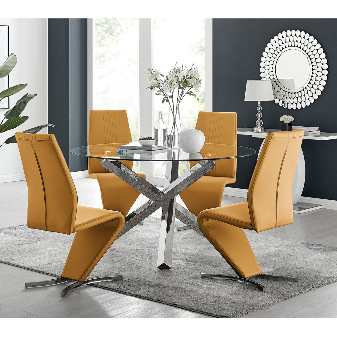 Vogo Modern Design Chrome and Glass Dining Table Set with 4 Modern Design Faux Leather Dining Chairs
