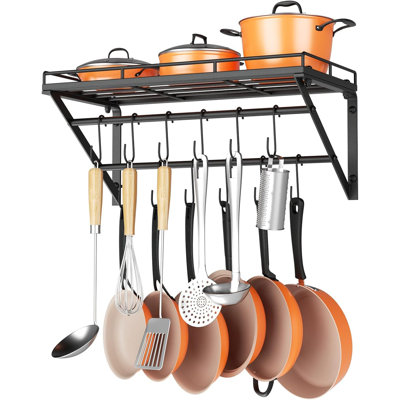 23" Pot Rack Wall Mounted, Pot Organizer with 2 Tier Hanging Rails | Heavy Duty Pot and Pan Organizer with Storage Shelf & 12 S Hooks, Space Saving Hanging Pot Rack
