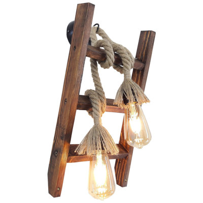 Lampe murale rustique faite à la main, pin massif, 17,7 x 9,8 x 9,1 pouces | Fabrication 100% pin massif, couleur noyer | 2 x douilles E27, 40 W maximum, IP20 | Design moderne et moderne, parfait pour le salon et la chambre à coucher