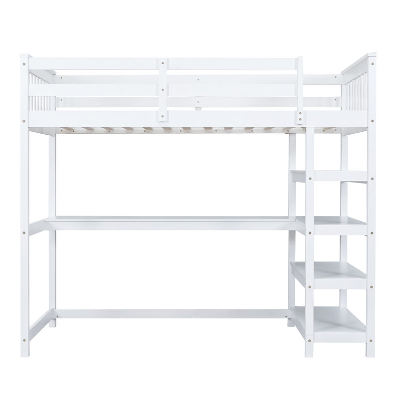 Lit mezzanine avec tablettes de rangement et bureau sous le lit, Blanc, Lit simple