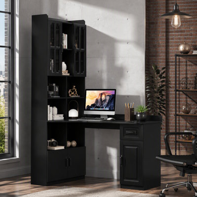 Bureau d'ordinateur d'angle en L pour bureau à domicile ou bureau d'étude, table d'étude de style moderne avec tiroirs, bibliothèque et huche, conception en L 2 en 1, grand espace de travail