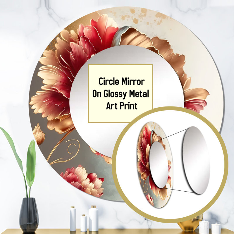 Raelean Bold Red Floral Design I - Floral Large Wall Mirror, Red Round Decorative Mirror, Printed Metal Art, 29" x 29"