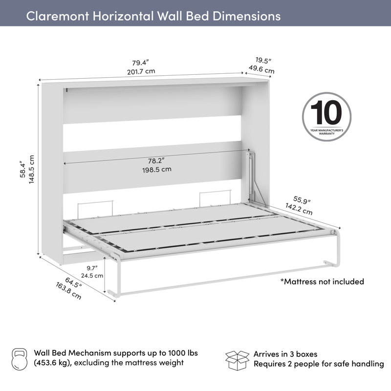 Lit escamotable horizontal 80W en blanc, Lit double, Blanc