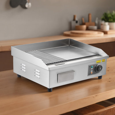 Commercial Electric Griddle, 21.06 x 11.81 inch, 1750W, 122-570°F Adjustable Temp Control, Stainless Steel Body, Half Grooved Half Flat, with 2 Spatulas, 2 Brushes, and 4 Foot Pads, for Steak