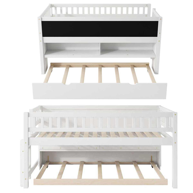 Lit mezzanine bas simple en bois avec tableau noir et lit gigogne pour enfants, Blanc