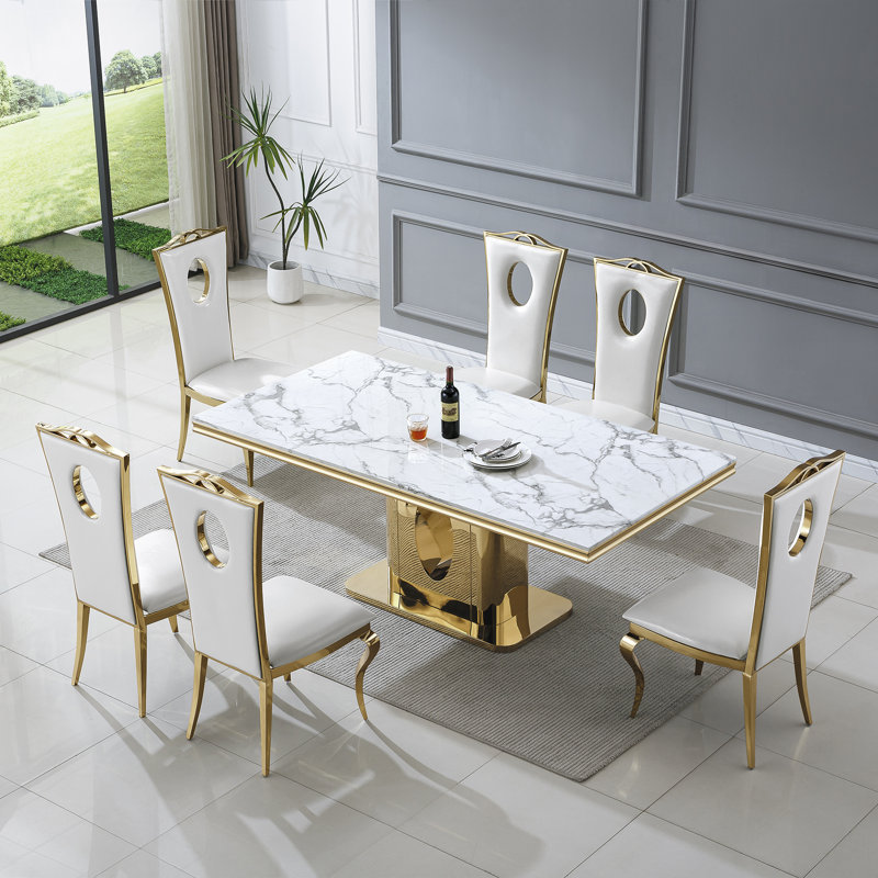 70.08" Rectangular Faux Marble Top Pedestal Dining Set, White/Gold