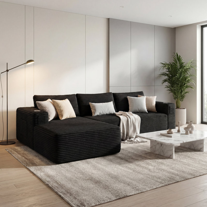 108" Modern L-Shaped Compression Sectional Sofa With Chaise Deep Seat Corduroy Upholstered Couch, Black Corduroy
