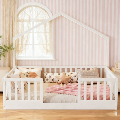 Floor Bed with High Rails, Wooden Montessori Bed with Light