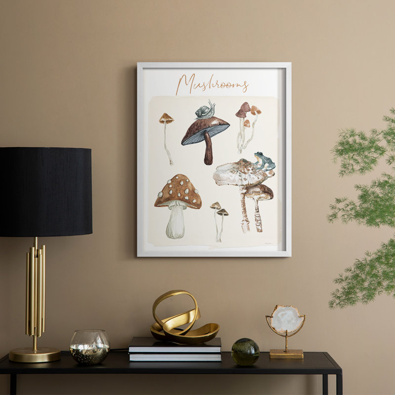 Tableau de champignon, reproduction encadrée - bois massif, H 11 po x l 9 po, Blanc