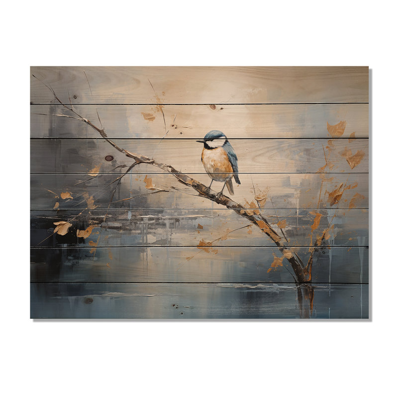 Fleur dorée et bleue au printemps I - oiseau sur un arbre sur bois, H 30 po x l 40 po