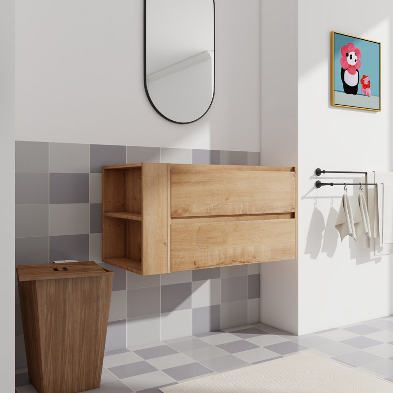 Meuble de salle de bain mural 36 po, poignée invisible biseautée 45 po, tiroir à fermeture en douceur, chêne imitation, contreplaqué, tablettes réglables, armoire de rangement style élément, solution d'organisation