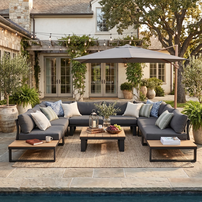 Cogbill 109.6 Wide 8 - Person Aluminium Outdoor Seating Group with Cushions, Dark Gray, Black