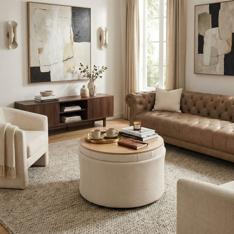 Charleroi 23.5" Wide Round Upholstered Ottoman With Storage, Coffee Table Ottoman, Beige