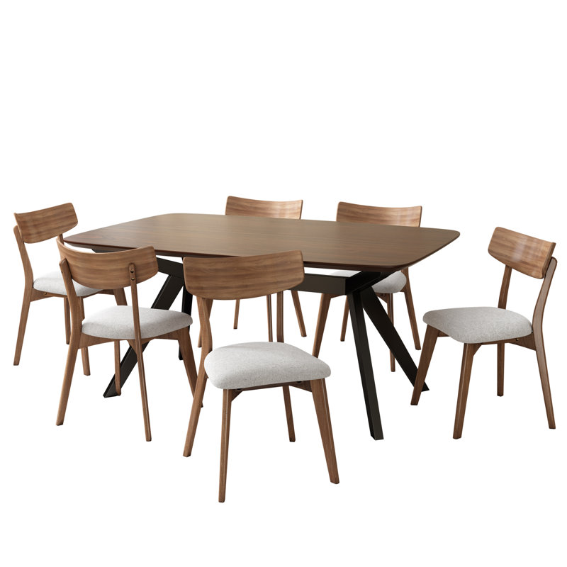 Élégant ensemble de salle à manger rembourré avec structure en bois d'hévéa - ensemble Mid-Century moderne 7 pièces pour les salles à manger et les cuisines