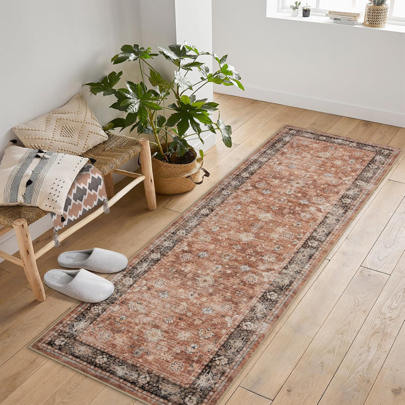 Vintage Washable Area Rug for Bedroom, Distressed Non-Slip Non-Shedding Floral Soft Throw Rugs for Living Room, Dining, Foyer (Brown)