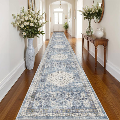 Washable Living Room Area Rug - Small Bedroom Rugs Vintage Rustic Style Carpets with Non Slip Backing Distressed Floor Mat for Dining Room Kitchen Bathroom (Aqua Blue')