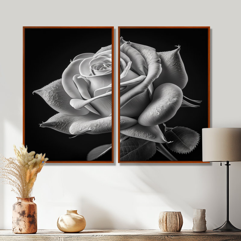 Grande décoration murale «Blossoming White Rose On Black I» - rose, 36" H x 48" W, Impression encadrée flottante, Brown