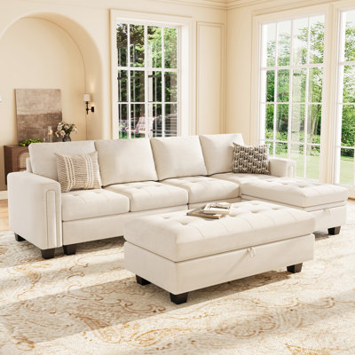 Velvet Upholstered Modular Sectional Sofa With Tufted Seat Cushions And Storage Ottoman