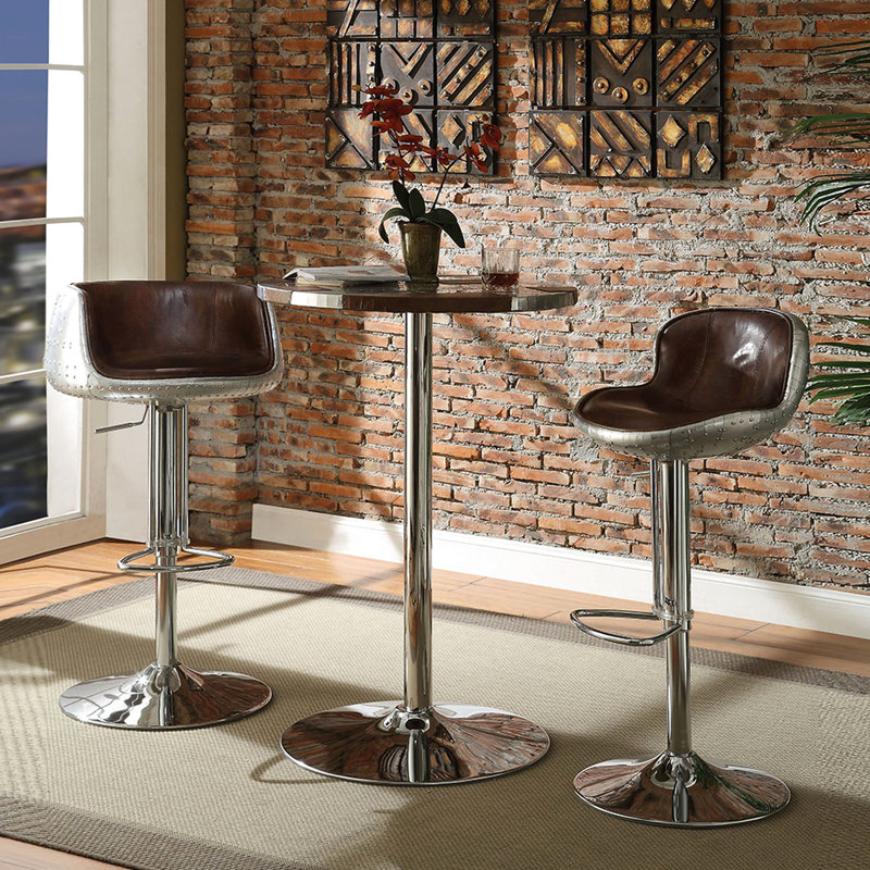 Tabouret réglable en cuir au thème rétro - couleur brune, patchwork en aluminium et cadre en métal pivotant avec motif de patchwork de revêtement