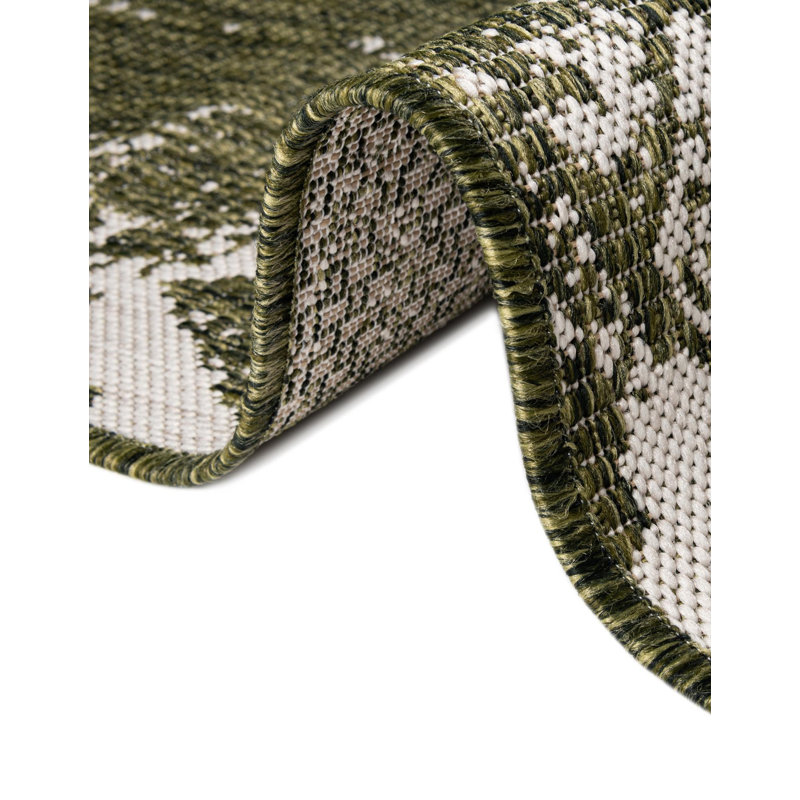 Braeleigh Geometric Machine Woven Rectangle 9'10" x 13' Polypropylene Indoor / Outdoor Area Rug in Green/Ivory, Square 10'8"