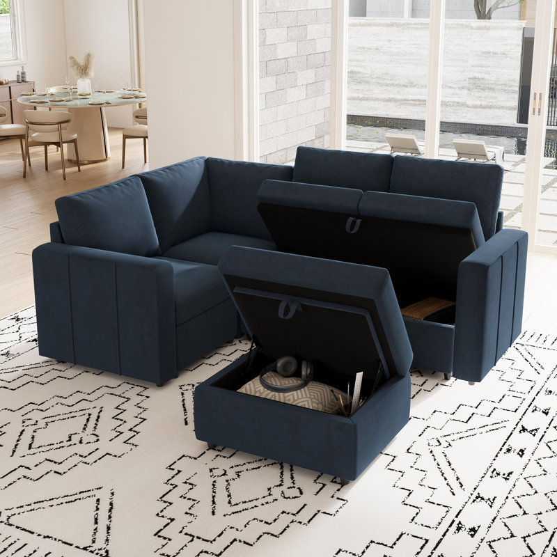 Canapé de rangement modulaire en L Aubade avec repose-pieds amovible, Velours bleu